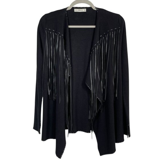 Zara Knit Black Draped Waterfall Fringe Cardigan Sweater Women’s Size Small - Picture 4 of 12
